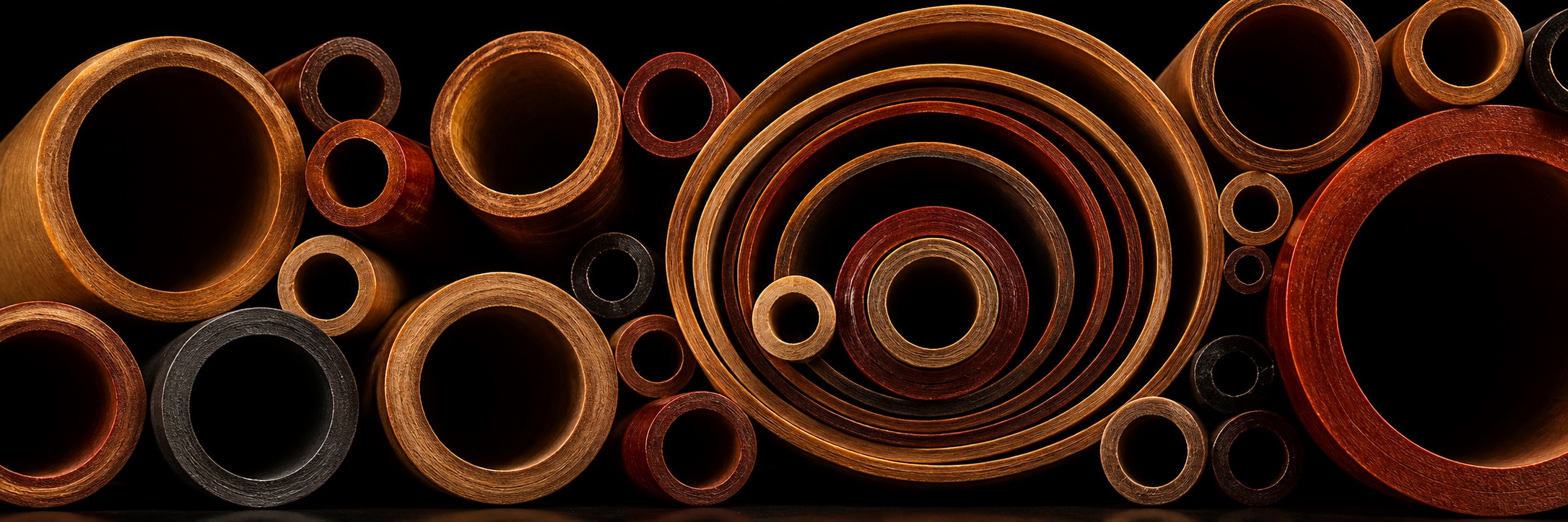 Close view of nested paper, fiber, and phenolic tube ends